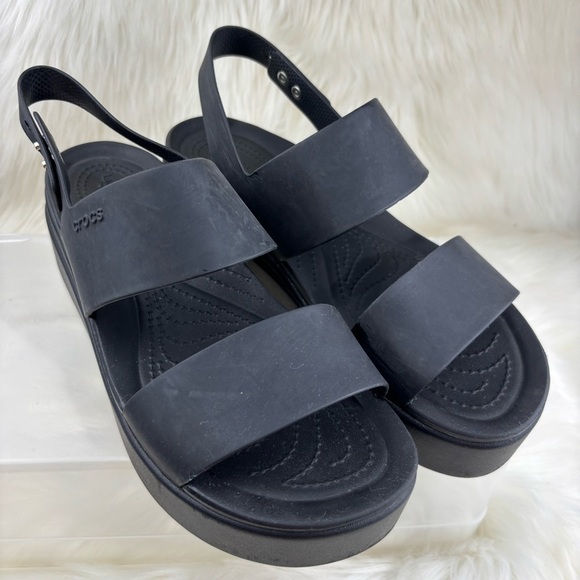 CROCS Women's Wedge Black Double Strap Sandals - Picture 7 of 9